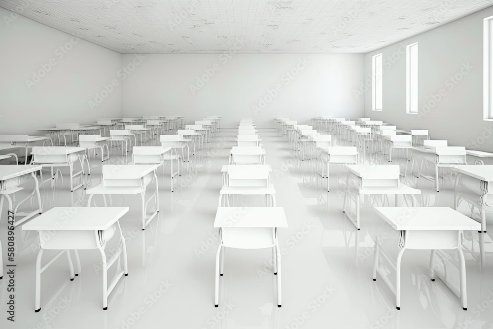 Poster empty classroom in school or university chairs and desks without anyone. all room in white colour. g