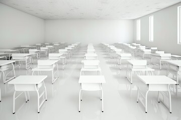 Empty classroom in school or university chairs and desks without anyone. All room in white colour. Generative AI