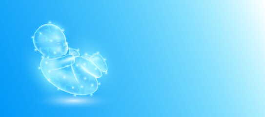 Fototapeta premium Child infant in form line triangles connecting on blue background. Futuristic glowing organ hologram translucent. Copy space for text. Pregnancy and artificial insemination medical innovation. Vector.