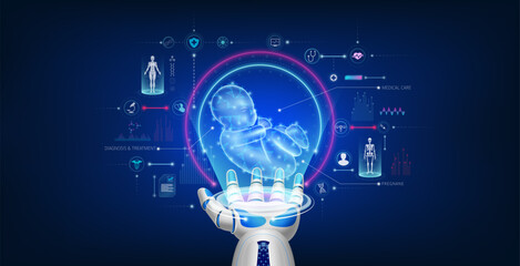 Child infant virtual hologram float away from robot hand. Pregnancy and artificial insemination medical innovation. Futuristic medical cybernetic robotics technology. Realistic Vector.