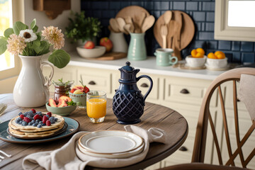 Fototapeta premium A warm, inviting kitchen set-up with a table setting for brunch, featuring pancakes, waffles, and fresh fruit - Generative AI