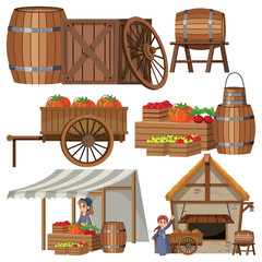 Set of medieval house and object cartoon