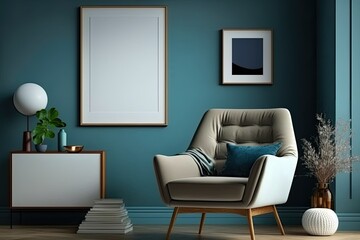 Elegant modern living room interior design with fluffy armchair, wooden commode, mock up poster frame and modern home accessories. Blue wall. Template. Copy space. Generative AI