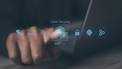Businessman using laptop access scan fingerprint biometric identity and approval