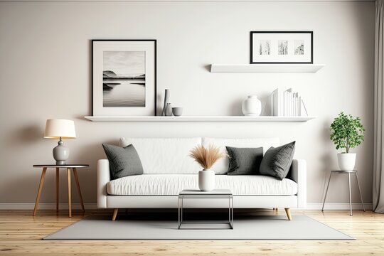 Interior of a white living room with a sofa, side view, and carpet over hardwood flooring. Decorative shelf and coffee table. Model of a blank wall. Generative AI