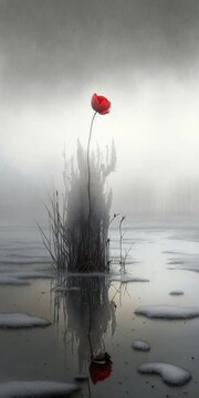 4K resolution or higher, One Red Poppy, Foggy, Misty, Icy Swamp, Minimalistic. Generative AI Technology