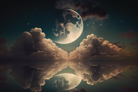 Double moon at night with gorgeous clouds in the sky. Generative AI