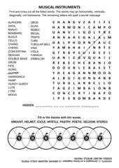 Puzzle page with two word games. Musical instruments word search puzzle. Fill in the blanks of wheels criss-cross crossword puzzle.
