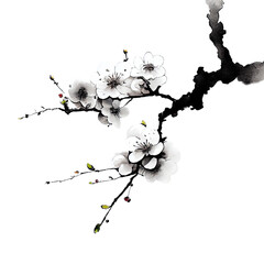 Traditional ink painting style plum tree branches, Beautiful white plum, winter flowers.