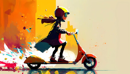 A small scooter with bright colorful background. digital art illustration. generative AI.