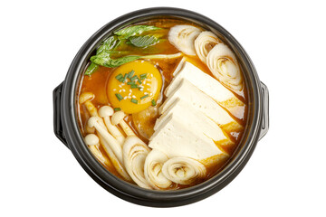 Homemade Kimchi Jjigae or Kimchi Soup with Tofu and Egg, Korean Kimchi Stew - Korean Food Traditional Style served in hot pot.