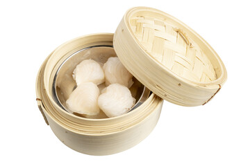 Dim Sum called Hakao, Traditional Chinese Steamed Shrimp Dumplings in bamboo steamer.
