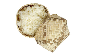 Thai Sticky rice, traditional Asian food, in wicker bamboo basket.
