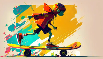 skateboard for young children colorful background. digital art illustration. generative AI.