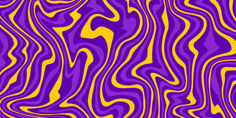 Retro groovy background. Wavy vintage trippy psychedelic wallpaper. Purple yellow pattern, cover, poster in 60s or 70s style. Liquid hippie texture. Vector