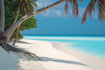 The sparkling blue waters and sandy beaches of the Maldives, with palm trees swaying in the breeze - Generative AI