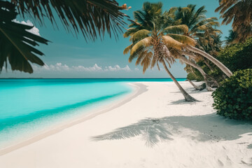Plakat The sparkling blue waters and sandy beaches of the Maldives, with palm trees swaying in the breeze - Generative AI