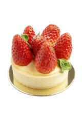 Tasty strawberry cheese tart topping with fresh strawberries and green leaves