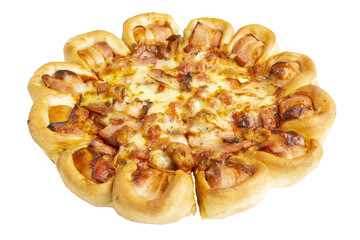 Homemade Fresh Baked Pizza topped with bacon, Mozzarella and sausages on the edge of the bread.