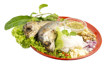Fried mackerel fish served with fresh vegetables, special spicy sauce and fermented rice flour noodles, organic meal good for health and diet, served on vintage tray.
