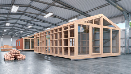 Assembly shop of modular houses with ready-made and unfinished. 3d illustration