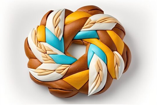 Easter sweet bread, cozonac, and Greek tsoureki isolated on white background. Top view of a braided circular brioche, a celebratory traditional treat. Generative AI