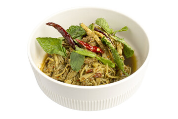 Spicy Bamboo Shoot Salad, a local food in northeastern Thailand, made from shredded bamboo shoot, herbs and many ingredients