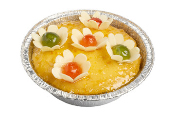 Homemade Mandarin Orange Cake topping with decorated flowers in tinfoil.