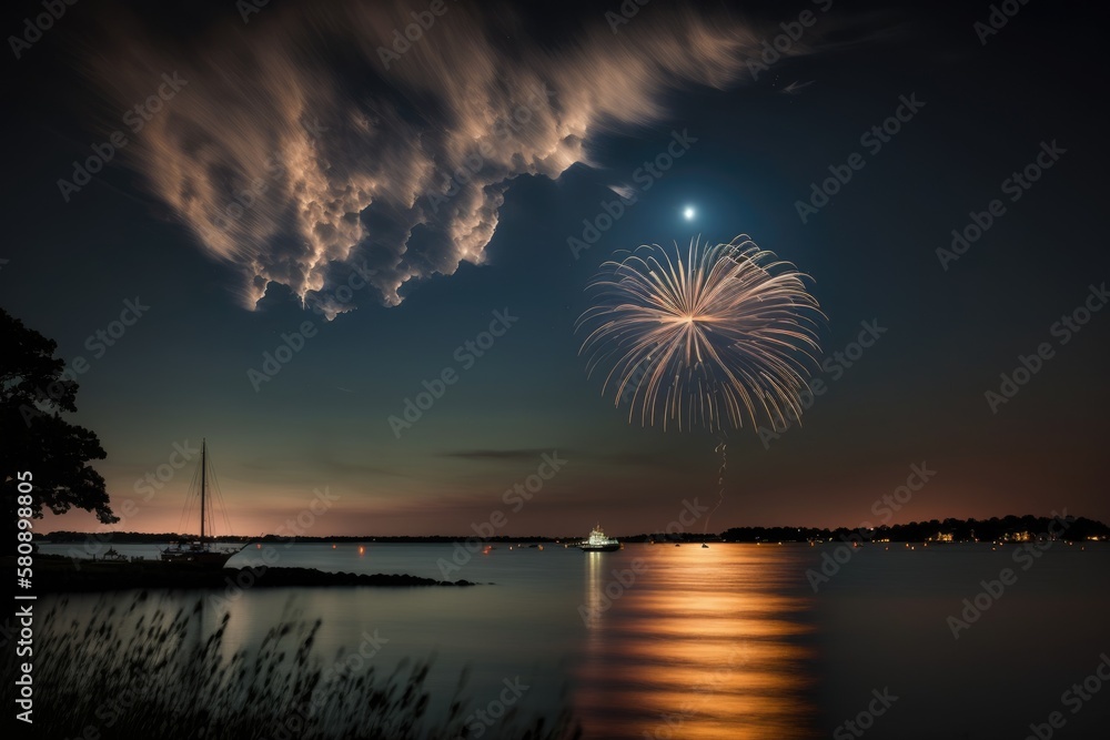 Poster exploding fireworks can be seen over niantic bay. generative ai