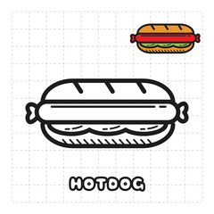 Children Coloring Book Object. Food Series - Hotdog.