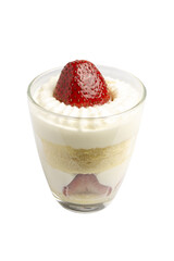 Vanilla Mousse Strawberry Cheese Cake with fresh strawberry on top serving in a glass isolated on white background, good for afternoon teatime. 