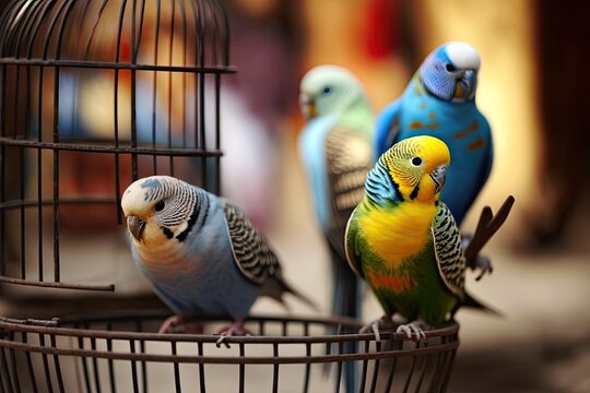 Cute colorful budgies in cage, outdoors. Generative AI