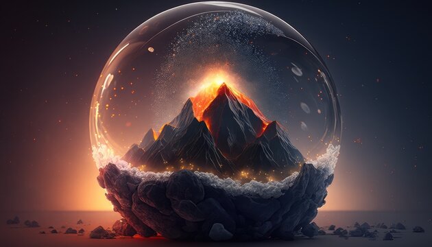 Volcano inside a mystical glass crystal ball. Created with Generative AI.