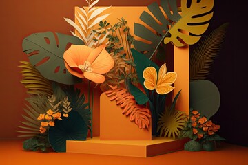 Picture of an orange podium stage with tropical flora. Generative AI