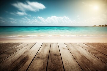 The blur cool sea background with wood floor foreground on horizon tropical sandy beach; relaxing outdoors vacation with heavenly mind view at a resort deck touching sunshine, sky surf summer clouds