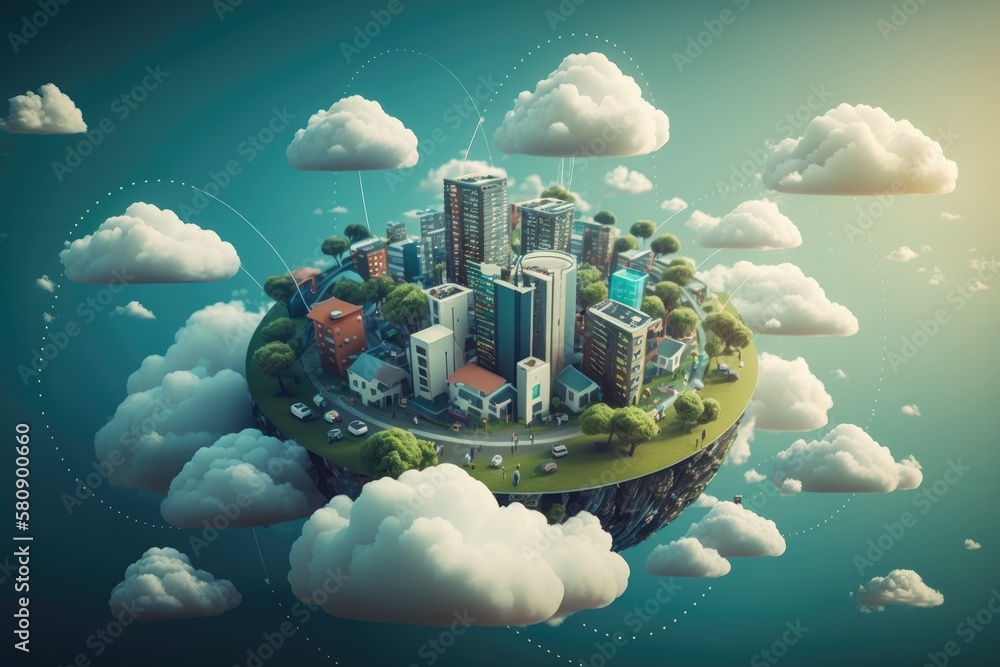Poster concept of a communication network. utilizing the cloud. smart town. generative ai