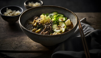 Gyudon with Pickled Cucumbers and Miso Soup, AI Generated