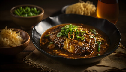 Hot and Sour Soup, Egg Foo Young, and Beef Chow Mein, AI Generated
