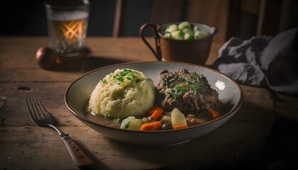 Hearty and Wholesome Irish Stew with Colcannon and Soda Bread, ai generated
