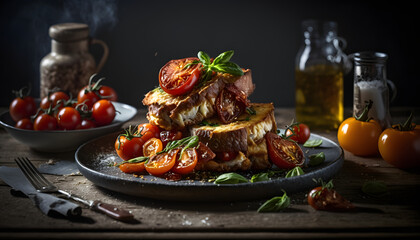 French Toast with Irish Soda Bread, Grilled Tomatoes, and Bacon, AI Generated