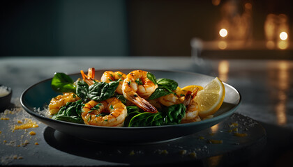 Seared Shrimp with Garlicky Sauteed Spinach in a Creamy White Wine Sauce, Garnished with Fresh Parsley, AI Generated