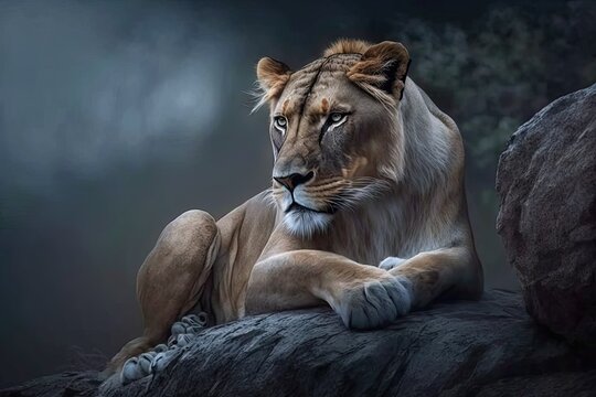 Lioness on a rock, curled up. Predator sitting back and gazing into the distant. a picture of a large cat in nature. Generative AI