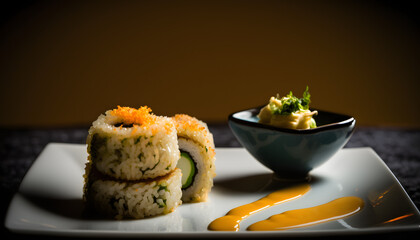 Shrimp Tempura, California Roll topped with tobiko, AI Generated