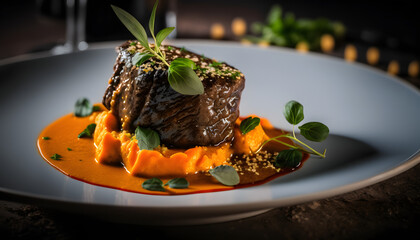 Slow-Cooked Braised Beef with Roasted Red Pepper Coulis, AI Generated