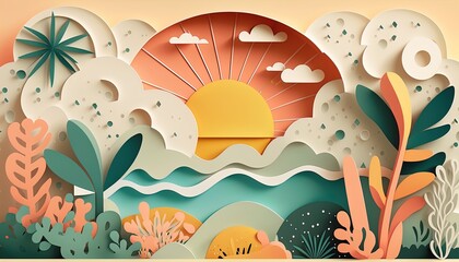 Abstract summer concept in papercut style in 8K created with generative ai technology
