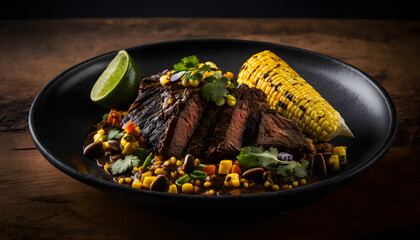 Slow-Cooked Brisket with Charred Corn Salsa and lime, AI Generated