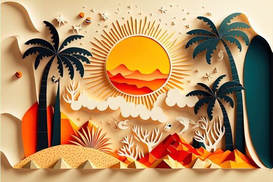 Abstract summer concept in papercut style in 8K created with generative ai technology