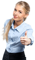 Beautiful young businesswoman giving thumbs up