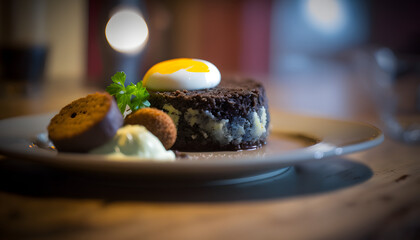 Hearty and Delicious Traditional Irish Breakfast Spread with Black and White Pudding, Fried Eggs, ai generated