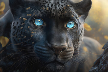 a close-up of a black leopard with blue eyes, a photorealistic, generative AI